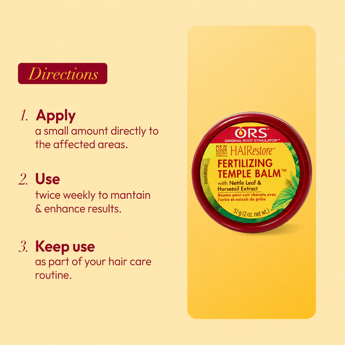 ORS HAIRestore Fertilizing Temple Balm instruction steps 1-3