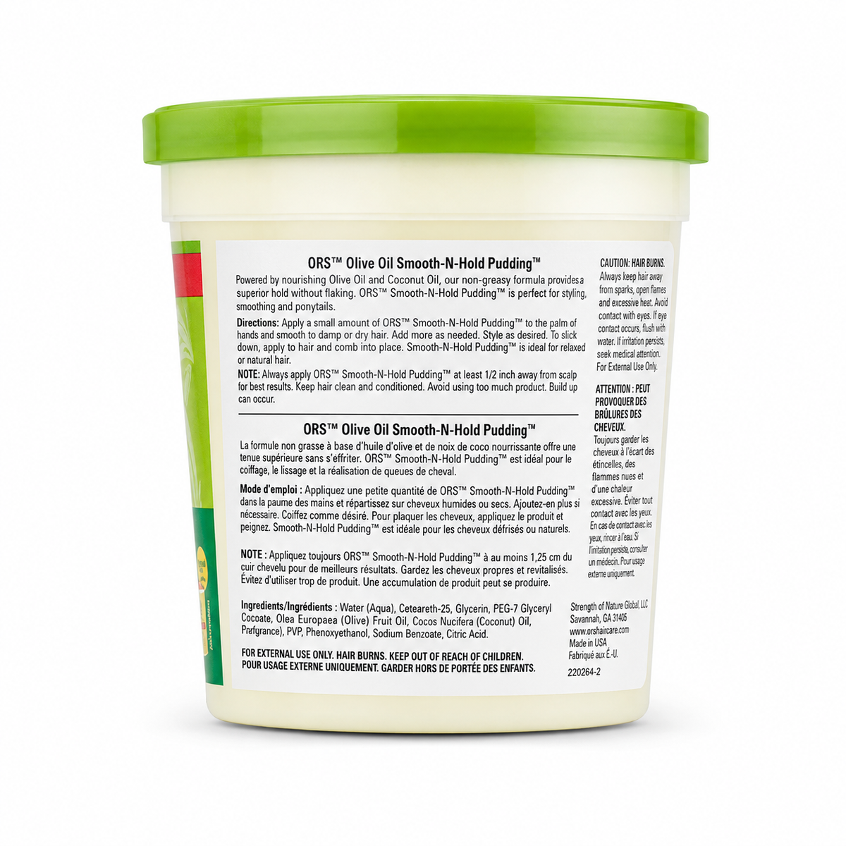 ORS Olive Oil Smooth-N-Hold Pudding back label on white background with green lid and full product directions and ingredients
