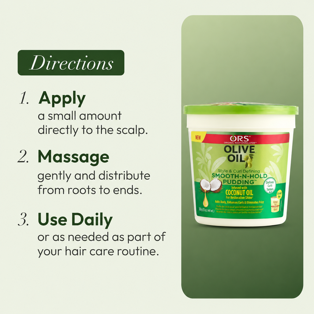 ORS Olive Oil Smooth-N-Hold Pudding directions graphic showing how to apply, massage, and use daily