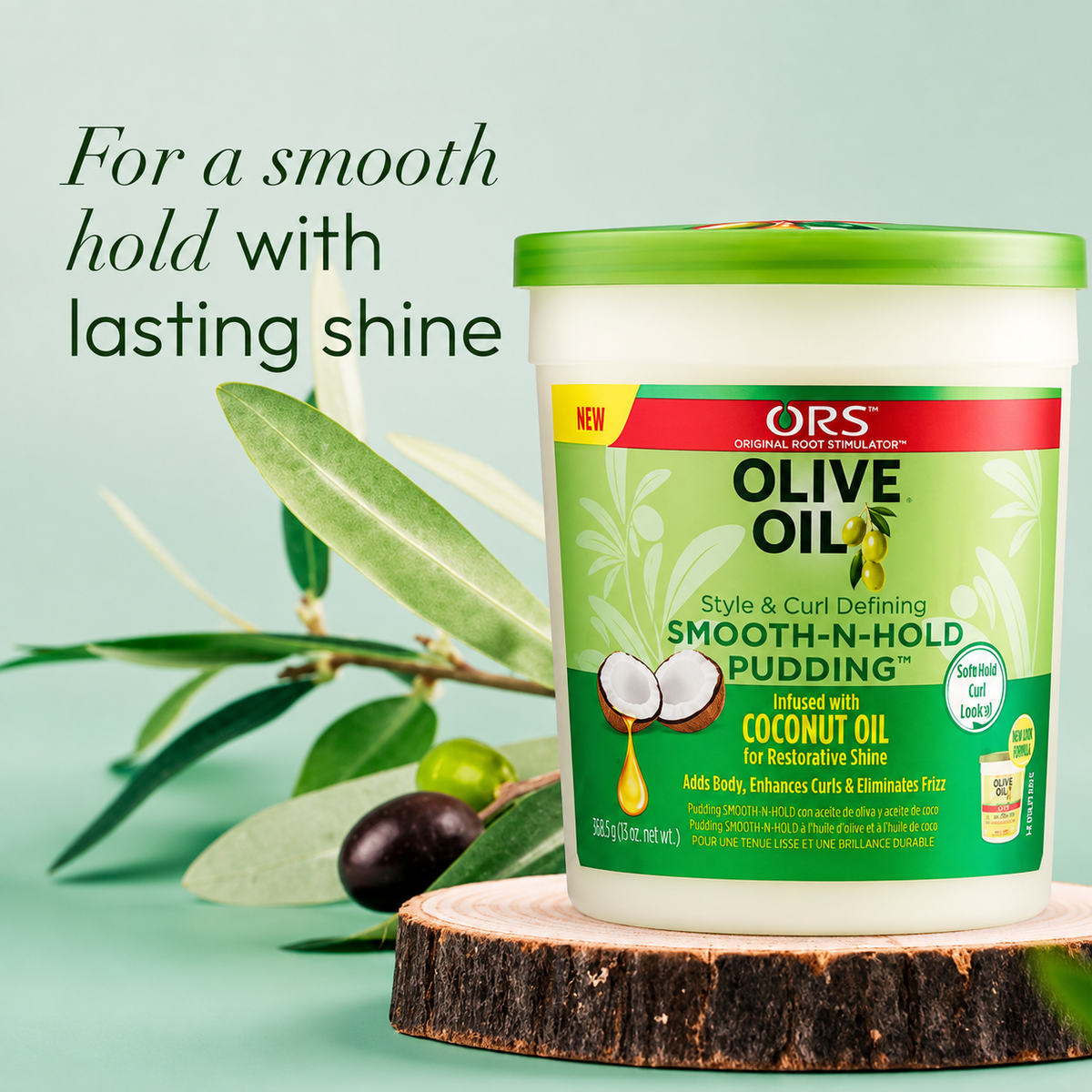 ORS Olive Oil Smooth-N-Hold Pudding promotional image with olive leaves, coconut, and smooth hold with lasting shine text