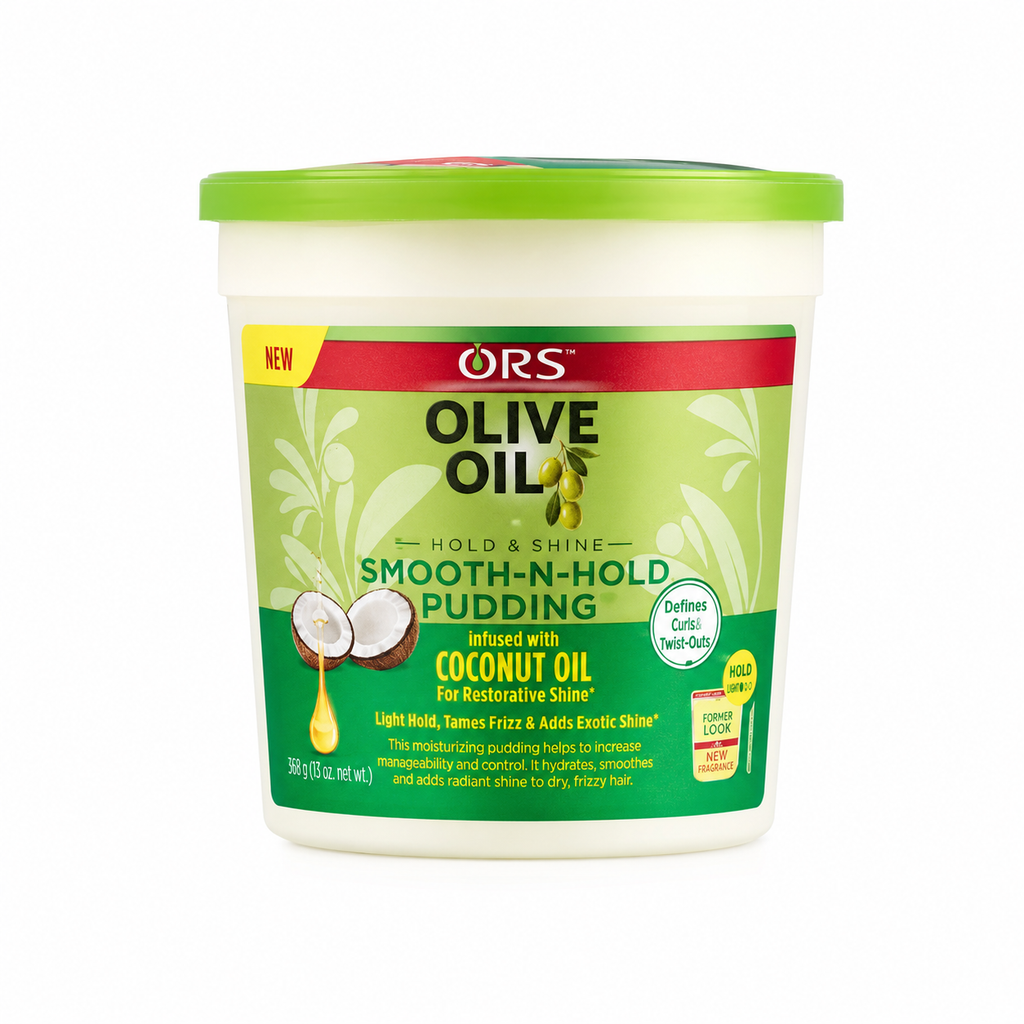 ORS Olive Oil Smooth-N-Hold Pudding front product image on white background with coconut oil and curl defining label