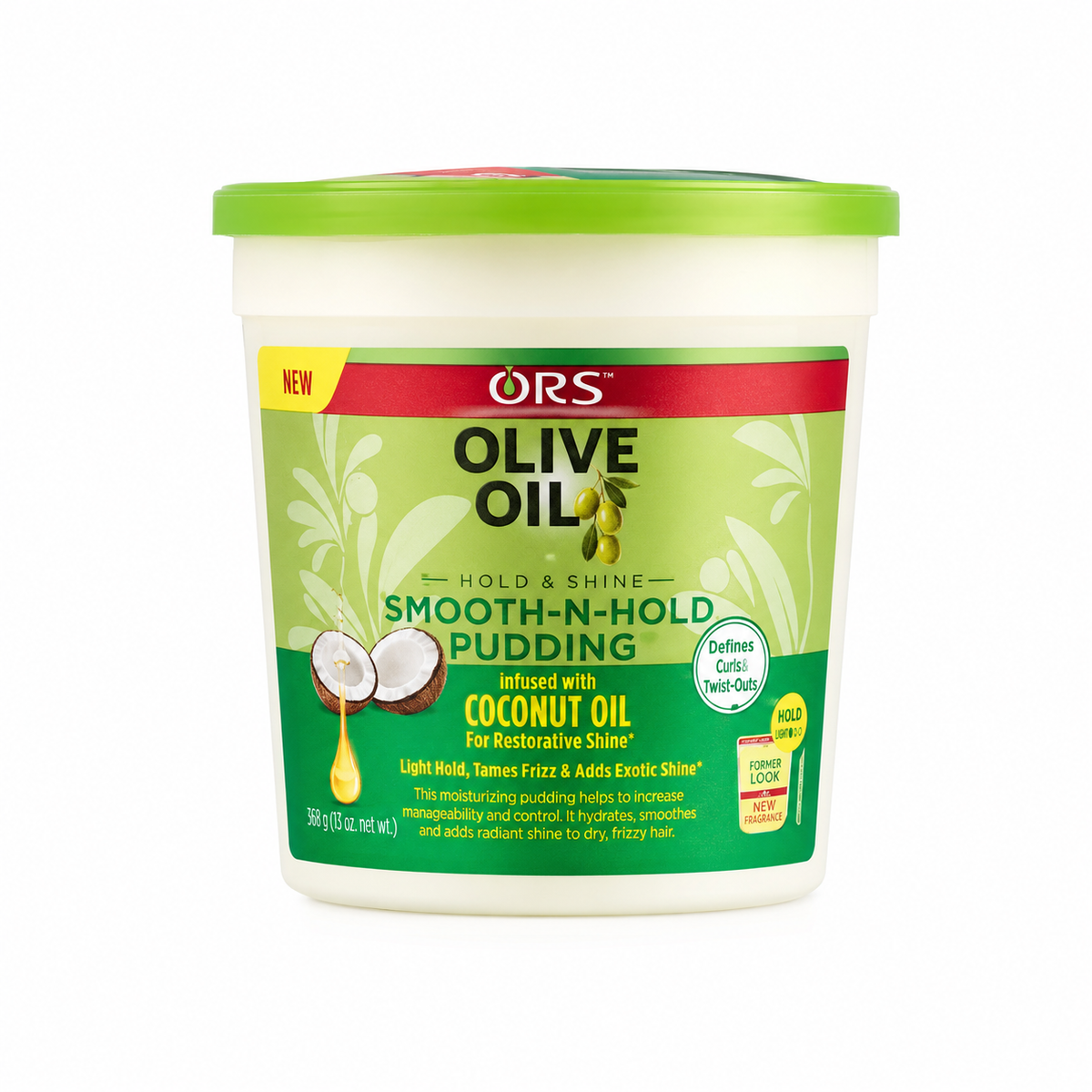 ORS Olive Oil Smooth-N-Hold Pudding front product image on white background with coconut oil and curl defining label
