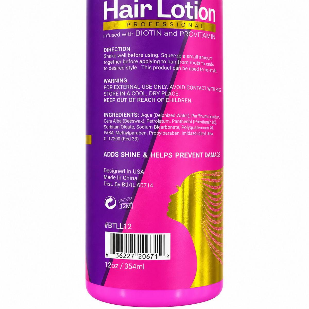 BTL Professional Oil Moisturizer Hair Lotion with Biotin & Provitamins 12 oz