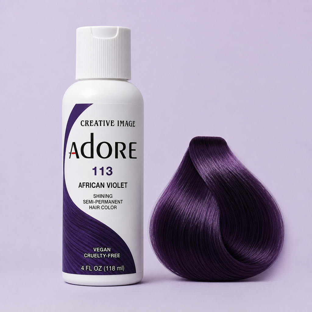 Adore African Violet semi-permanent hair dye beside a deep-purple hair-color swatch
