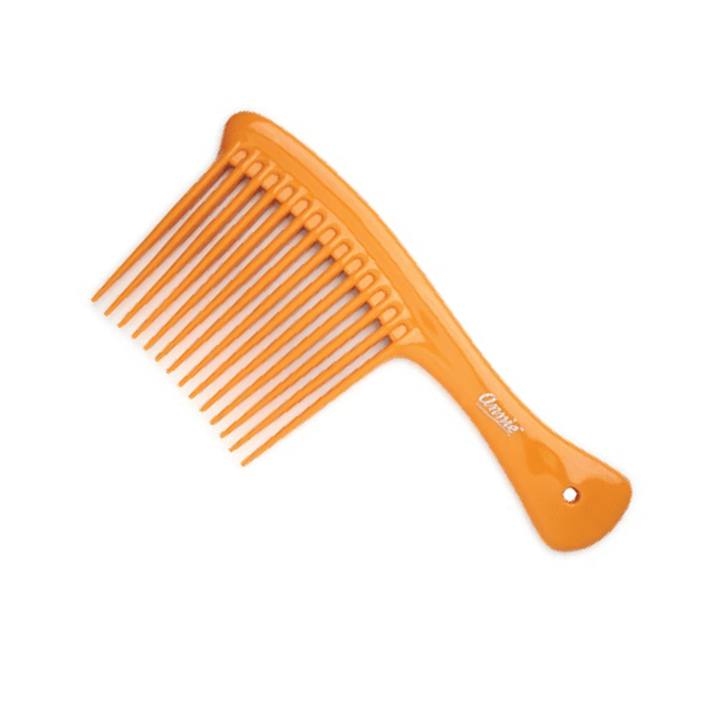 An orange plastic wide-tooth comb with a textured handle and the brand name 'Classic' printed on it, shown against a plain white background.
