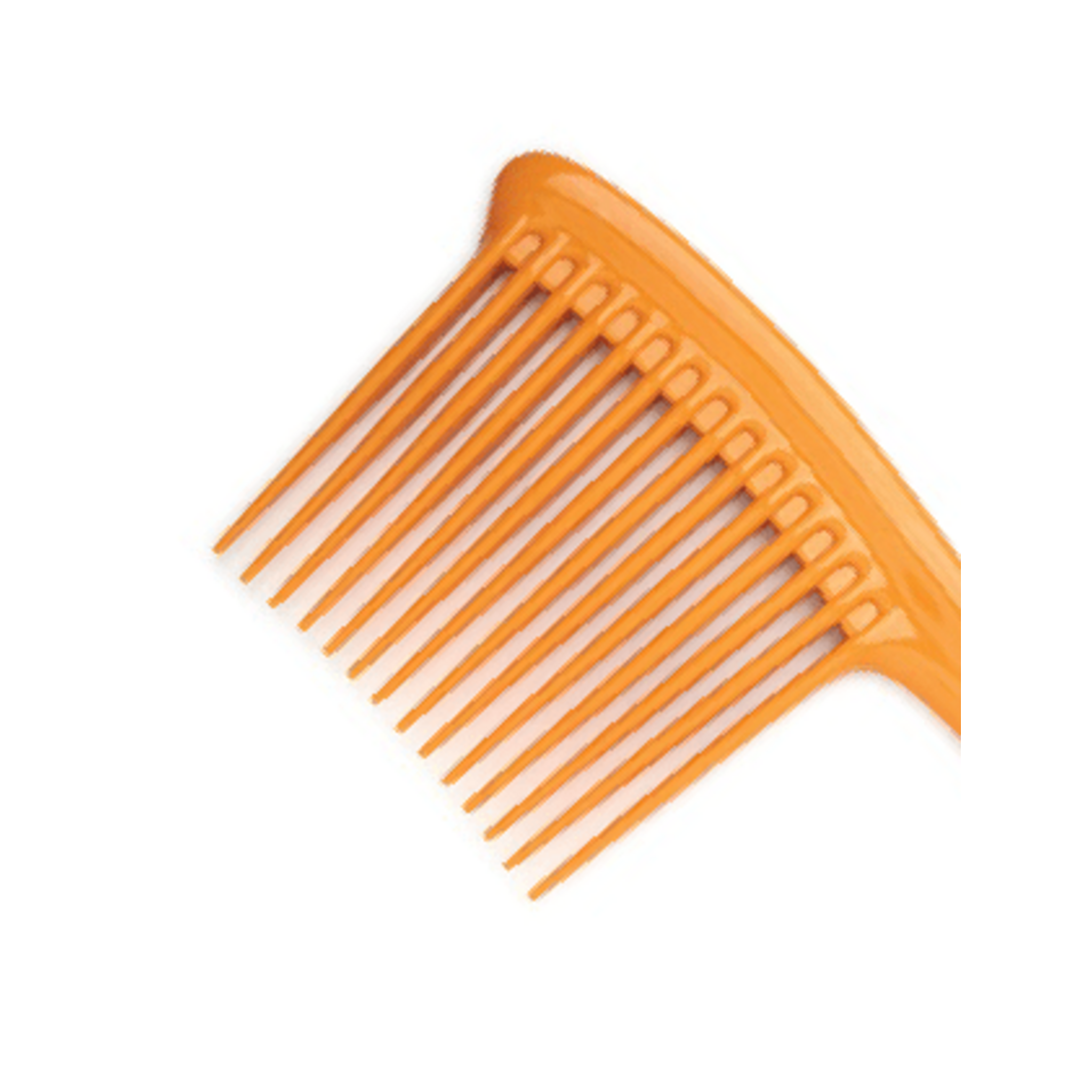 An orange plastic wide-tooth comb with thick, flexible teeth, shown at an angle on a plain white background.