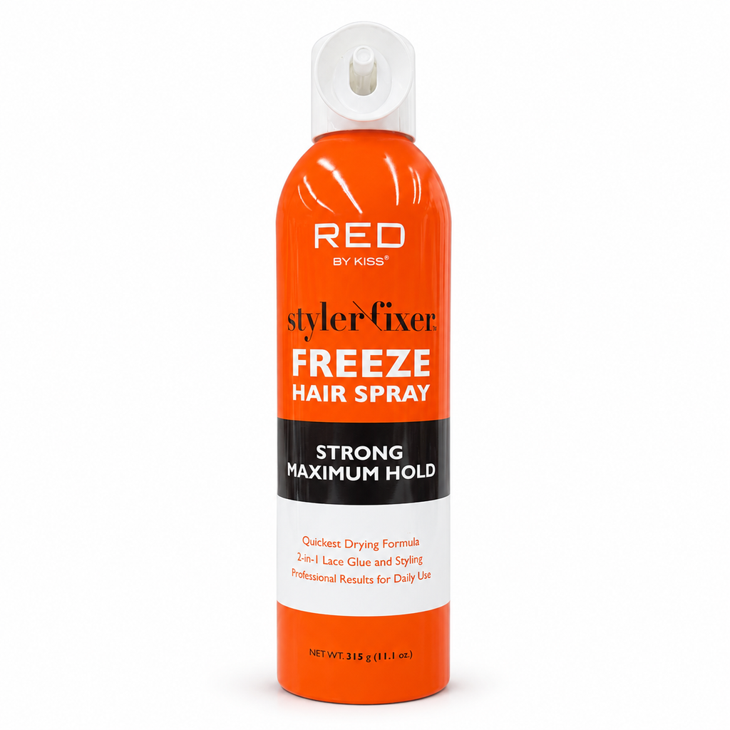 A single aerosol can of Red by Kiss StylerFix Freeze Hair Spray, featuring a bright orange body, a white flip-top cap, and a black and white label with white text.
