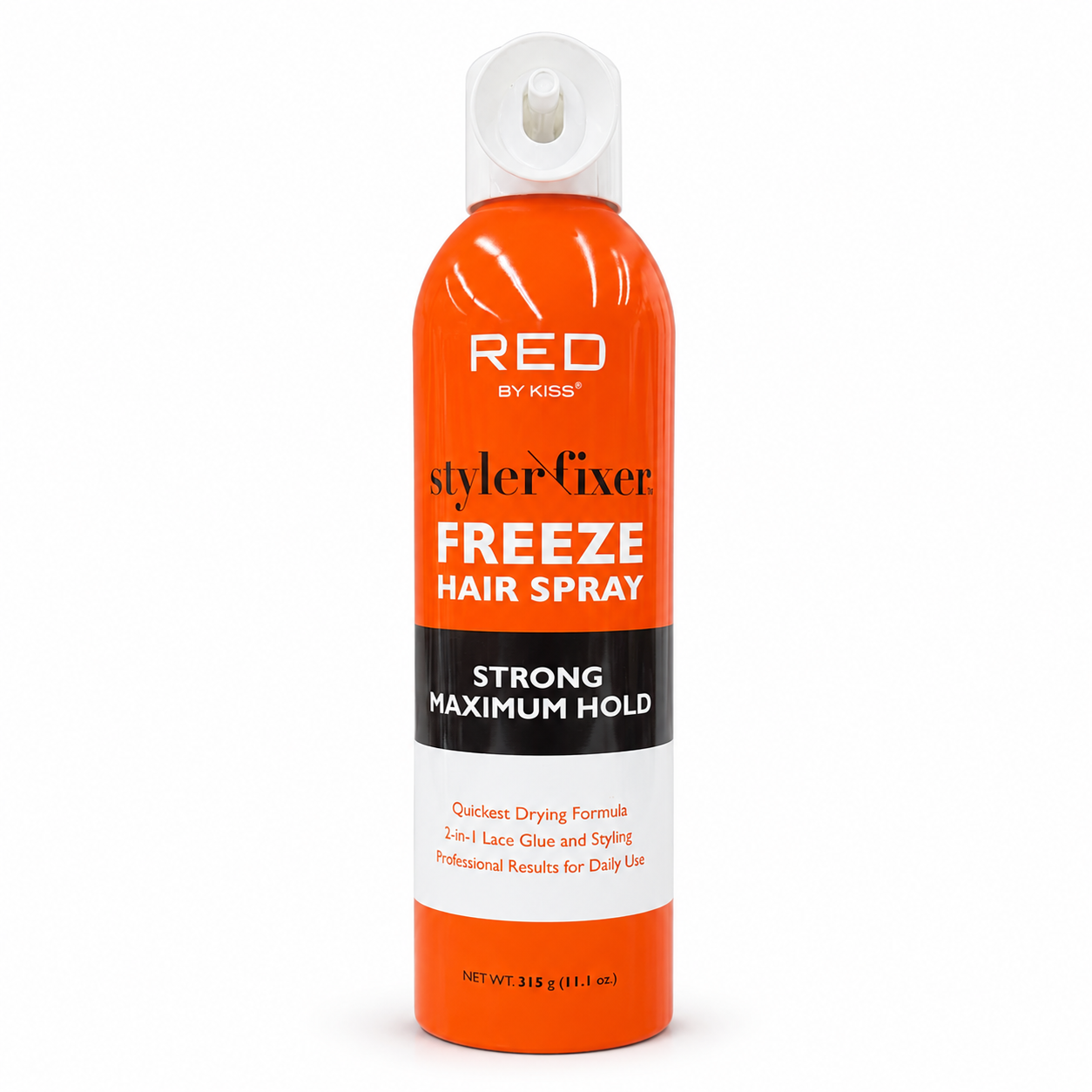 A single aerosol can of Red by Kiss StylerFix Freeze Hair Spray, featuring a bright orange body, a white flip-top cap, and a black and white label with white text.
