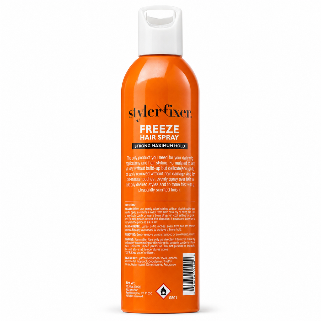 A bottle of Styler Fixer Freeze Hair Spray with a strong maximum hold, featuring an orange body and a white flip-top cap, shown against a plain white background.