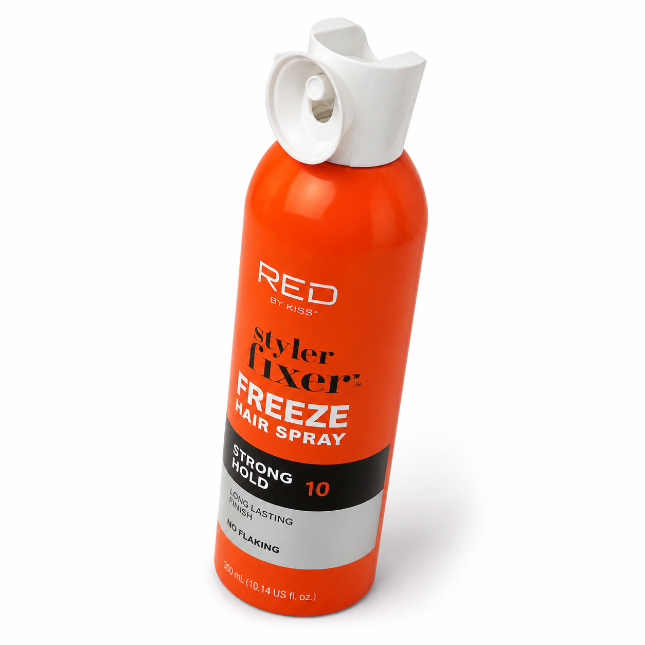 An orange aerosol can of Red by KIS55 Styler Fixer Freeze Hair Spray with a white flip-top cap, shown on a clean white background.