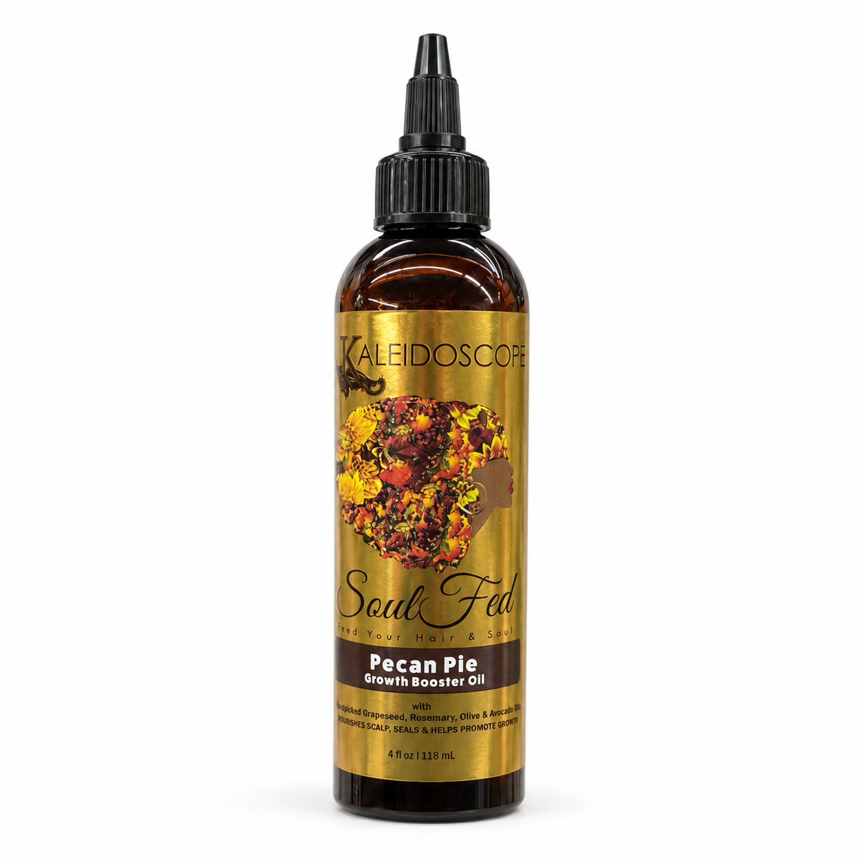 A 4 fl oz amber glass bottle of Kaleidoscope Soulful Hair Growth Booster Oil in the Pecan Pie scent, featuring a gold label with a floral design and a black dropper cap, set against a plain white background.