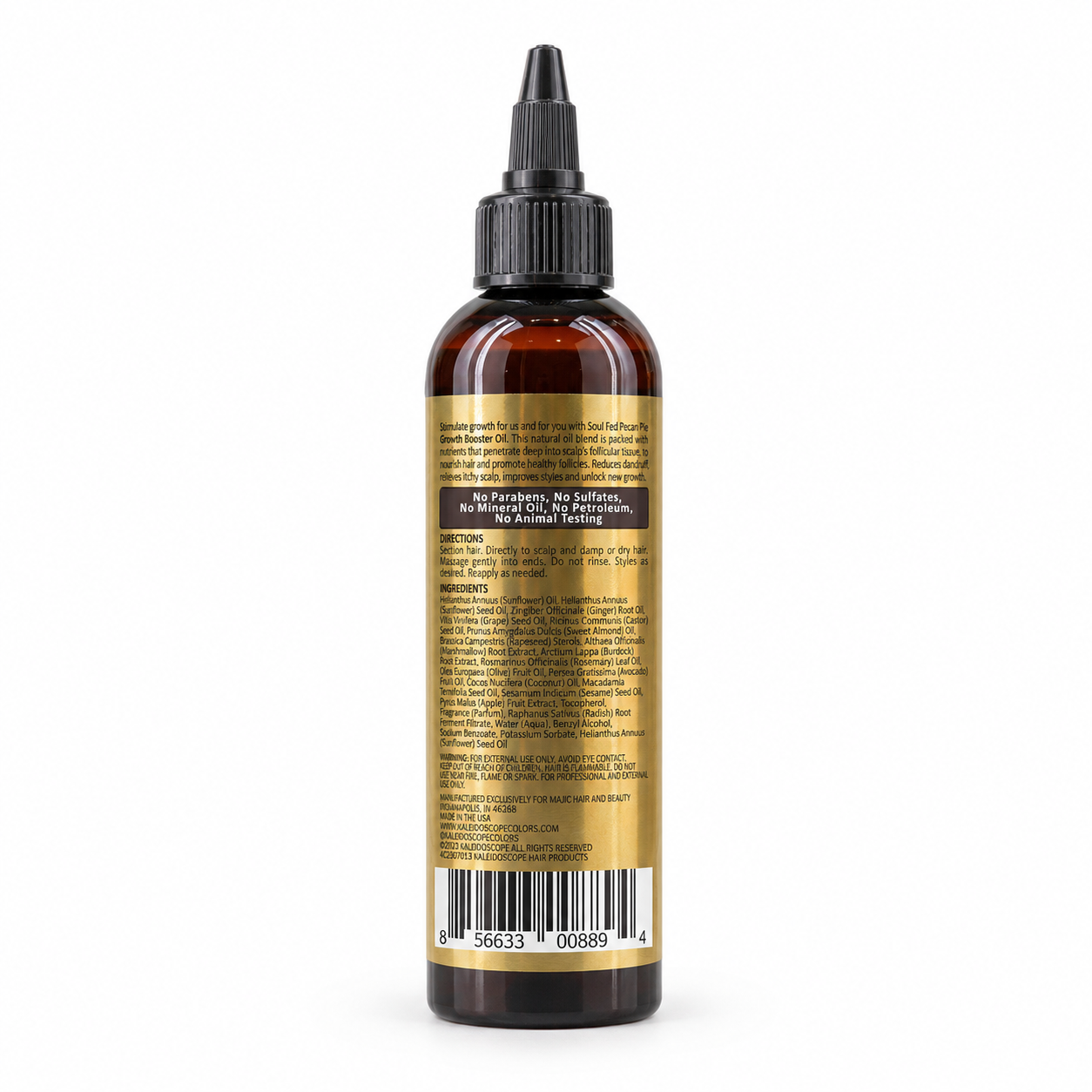 An amber glass bottle with a black dropper cap, showing the back label with text, barcode, and a gold band near the top, photographed on a white background.