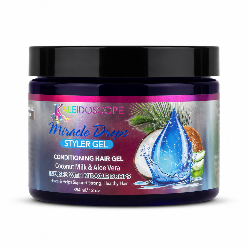 A jar of Kaleidoscope Miracle Drops Styler Gel hair conditioner, featuring a black lid and a dark blue label with a blue water droplet graphic and coconut illustration, on a white background.