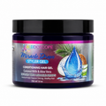 A jar of Kaleidoscope Miracle Drops Styler Gel hair conditioner, featuring a black lid and a dark blue label with a blue water droplet graphic and coconut illustration, on a white background.