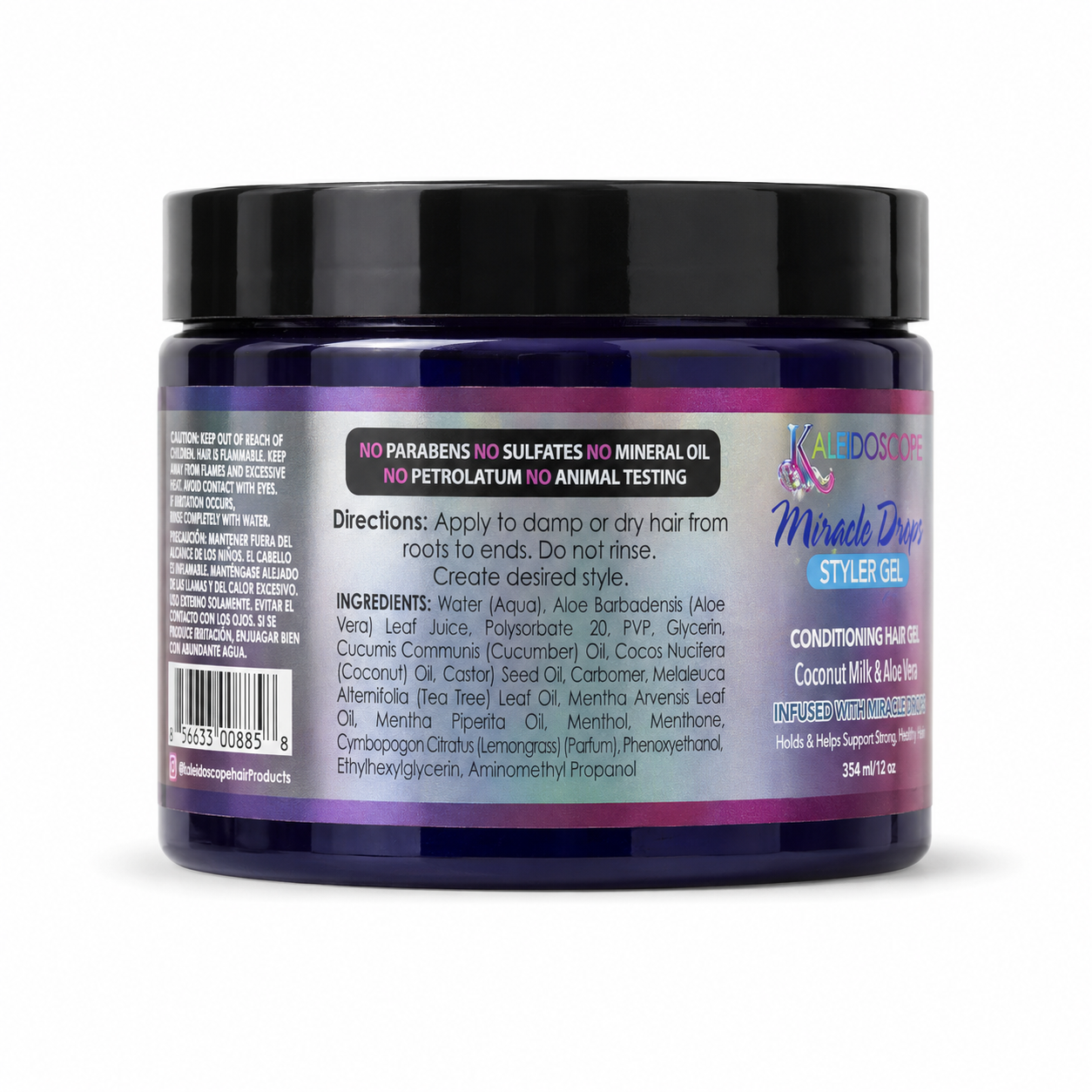 A jar of Kaleidoscope Miracle Drip Styler Gel conditioner hair gel, featuring a black lid and a purple container with a detailed product label on a white background.