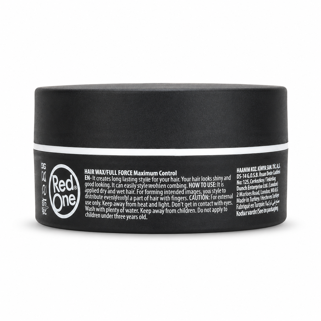 Red One Hair Wax Full Force Maximum Control hair wax in a black plastic jar with a white label band and white text, shown on a plain white background.