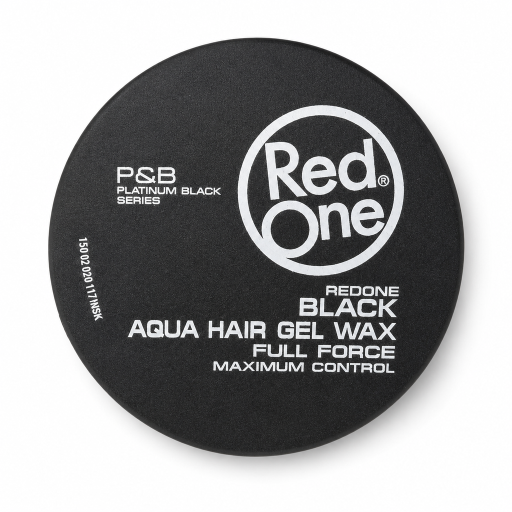 A round black container of P&B Red One Black Aqua Hair Gel Wax, featuring white text and logo on a clean white background.