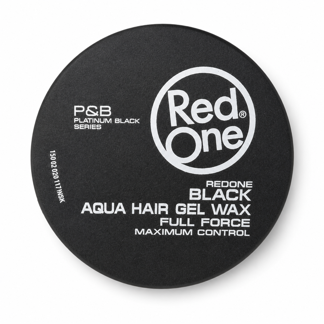 A round black container of P&B Red One Black Aqua Hair Gel Wax, featuring white text and logo on a clean white background.