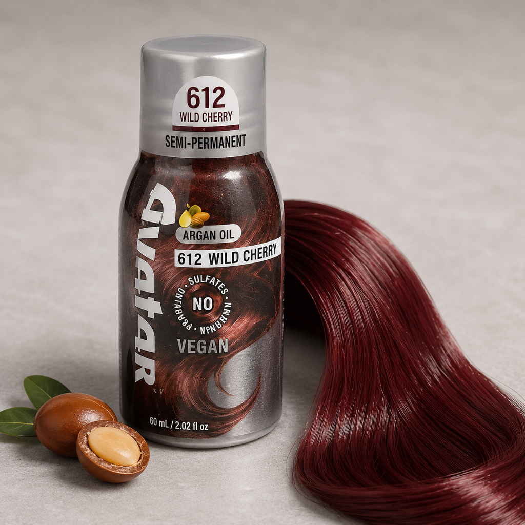 Avatar Wild Cherry semi-permanent hair dye beside a glossy deep cherry-red hair swatch