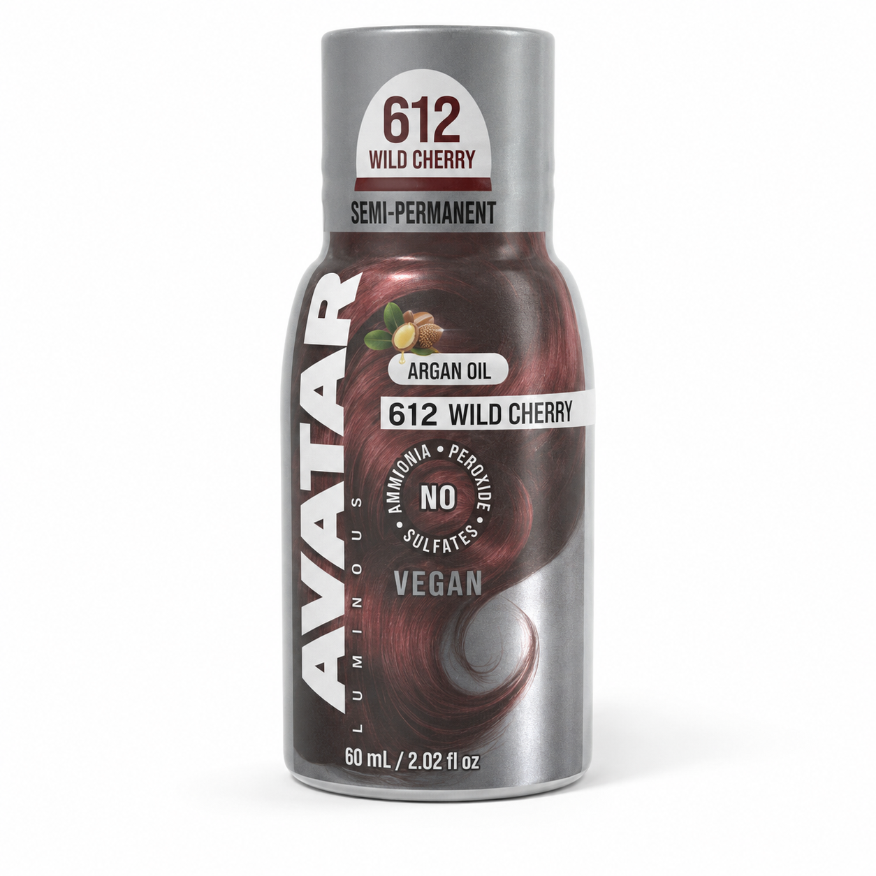 Avatar 612 Wild Cherry vegan hair dye with argan oil in a metallic-silver 60 mL bottle