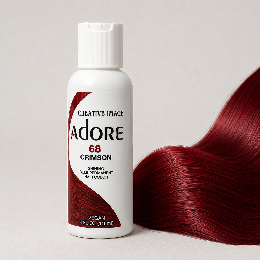Adore Crimson semi-permanent hair dye beside a glossy deep-red hair-color swatch