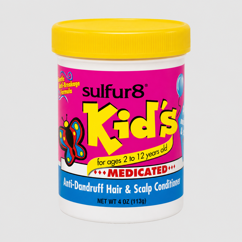 Sulfur8 Kids Medicated Anti-Dandruff Hair and Scalp Conditioner side label with barcode and moisturizes and softens text