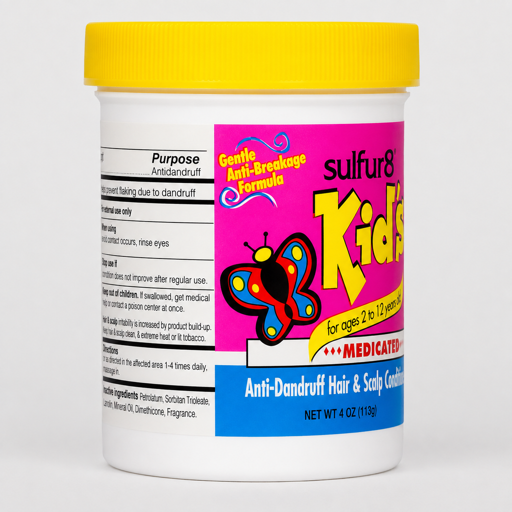 Sulfur8 Kids Medicated Anti-Dandruff Hair and Scalp Conditioner side view showing purpose, directions, and gentle anti-breakage formula