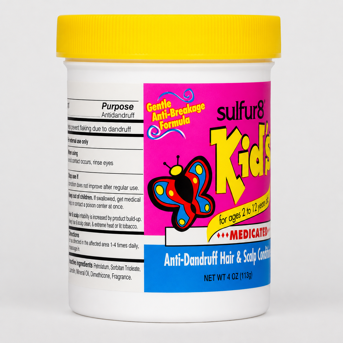Sulfur8 Kids Medicated Anti-Dandruff Hair and Scalp Conditioner side view showing purpose, directions, and gentle anti-breakage formula