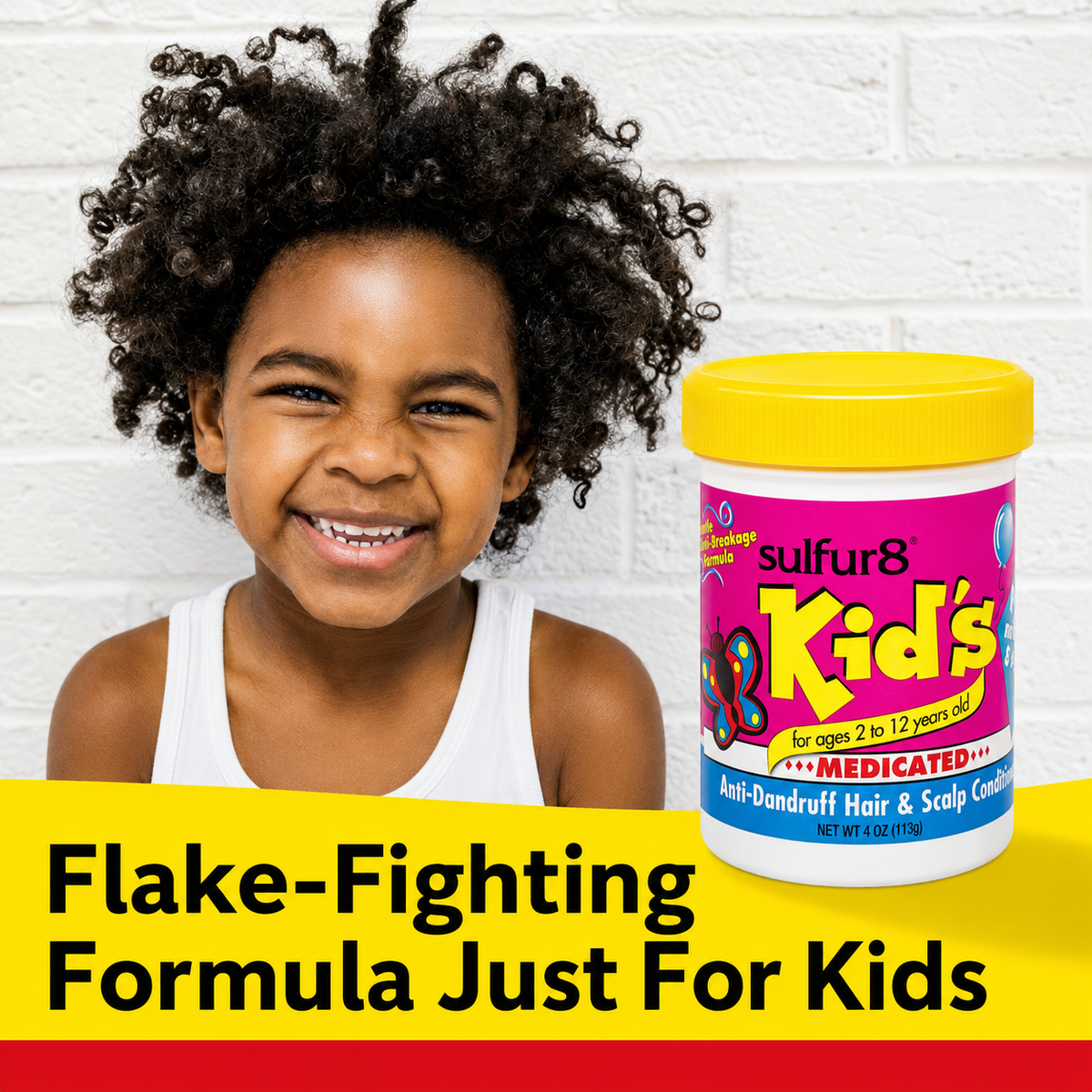 Sulfur8 Kids flake-fighting hair care promotional image with smiling child and product jar