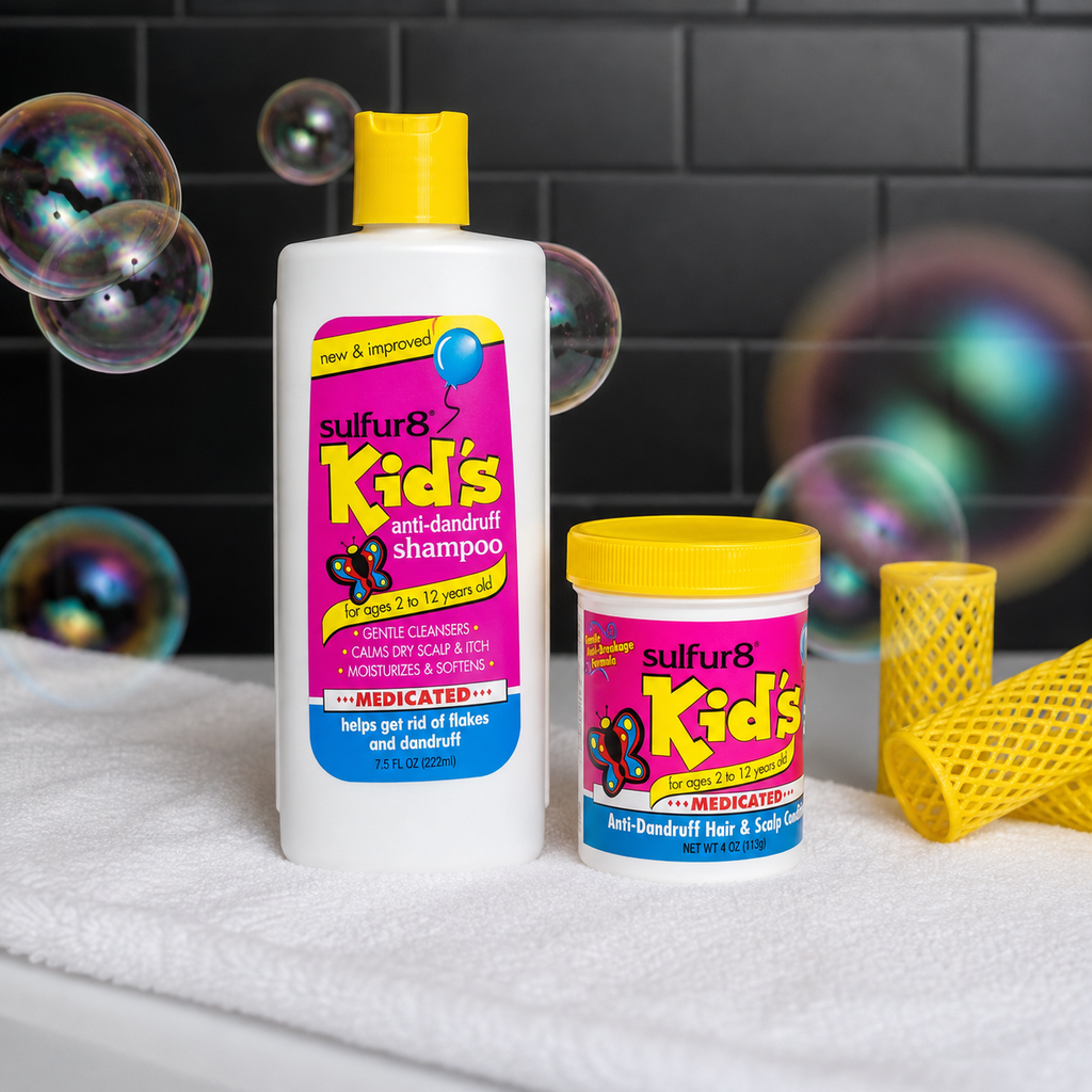 Sulfur8 Kids hair care product display featuring anti-dandruff shampoo and medicated scalp conditioner on a bathroom counter