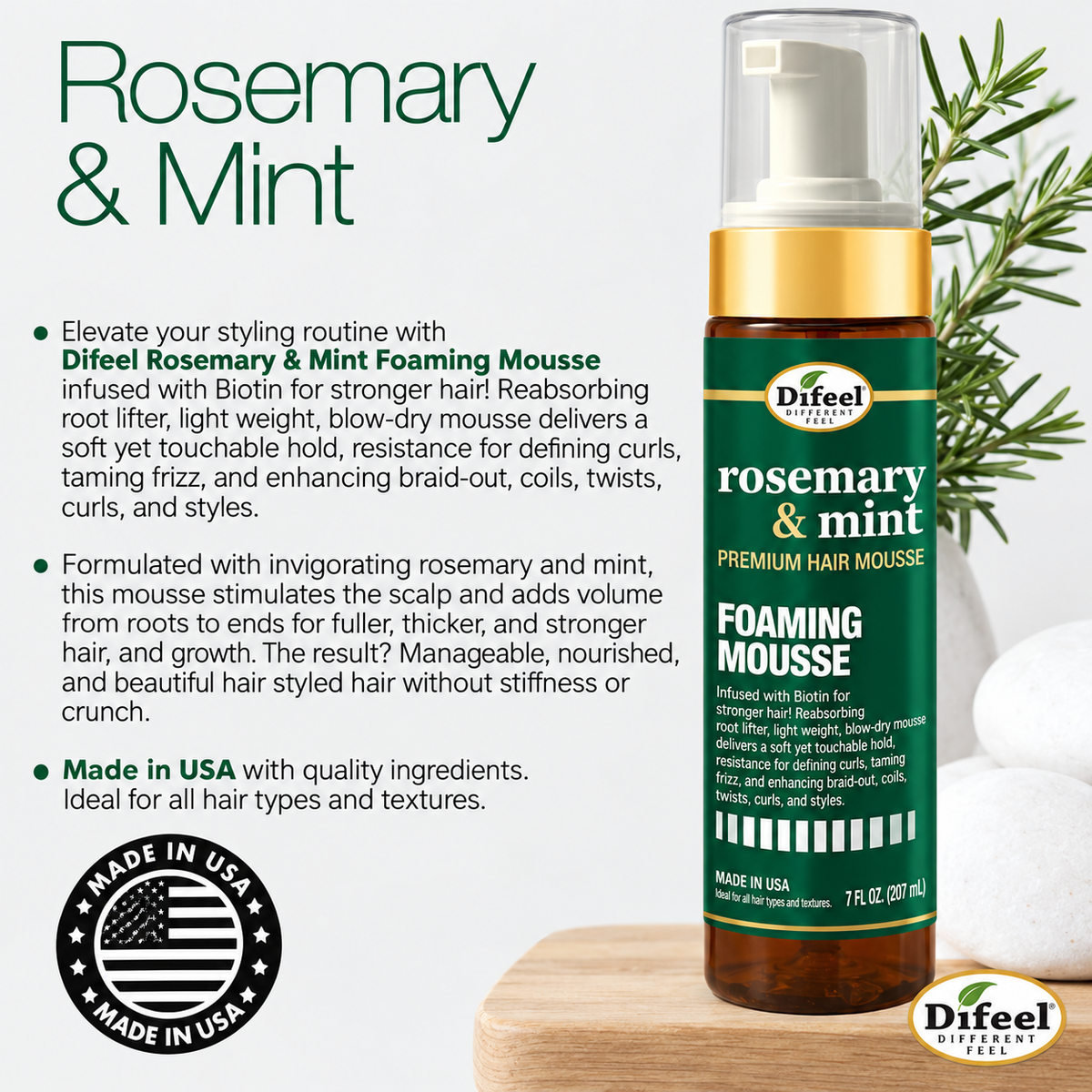 Difeel Rosemary & Mint Foaming Mousse with Biotin – 8 oz