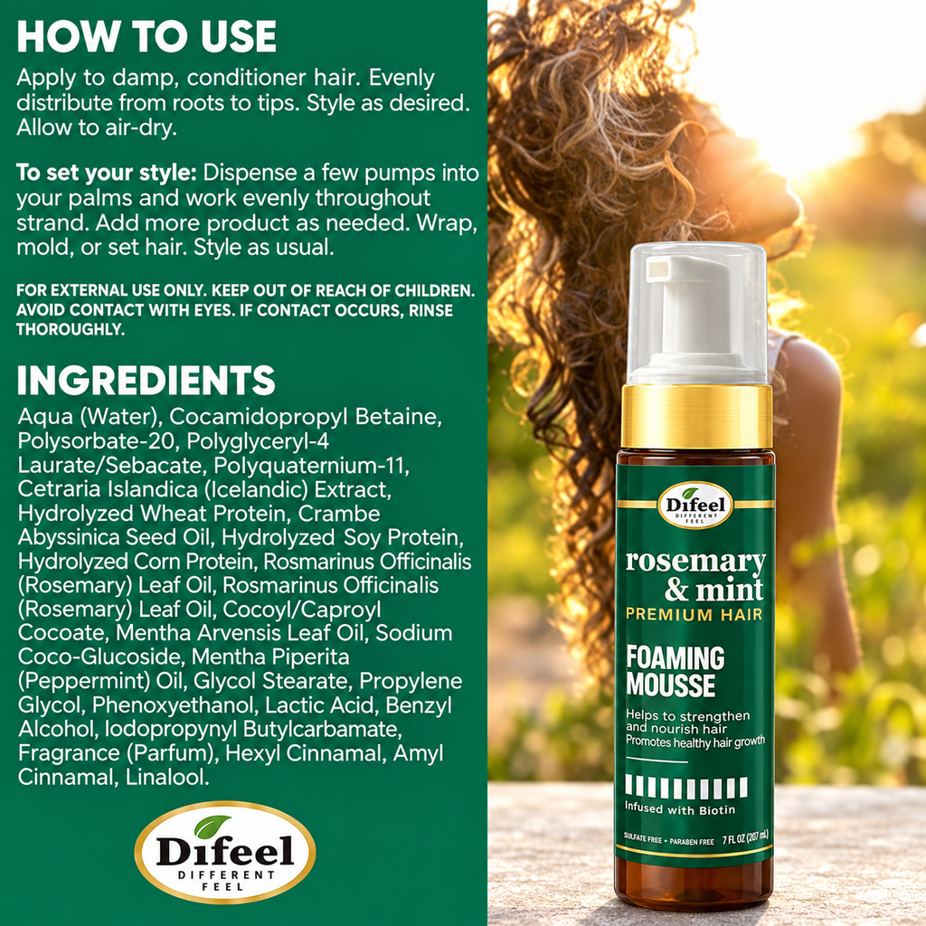 Difeel Rosemary and Mint Foaming Mousse beside fresh herbs and white styling foam