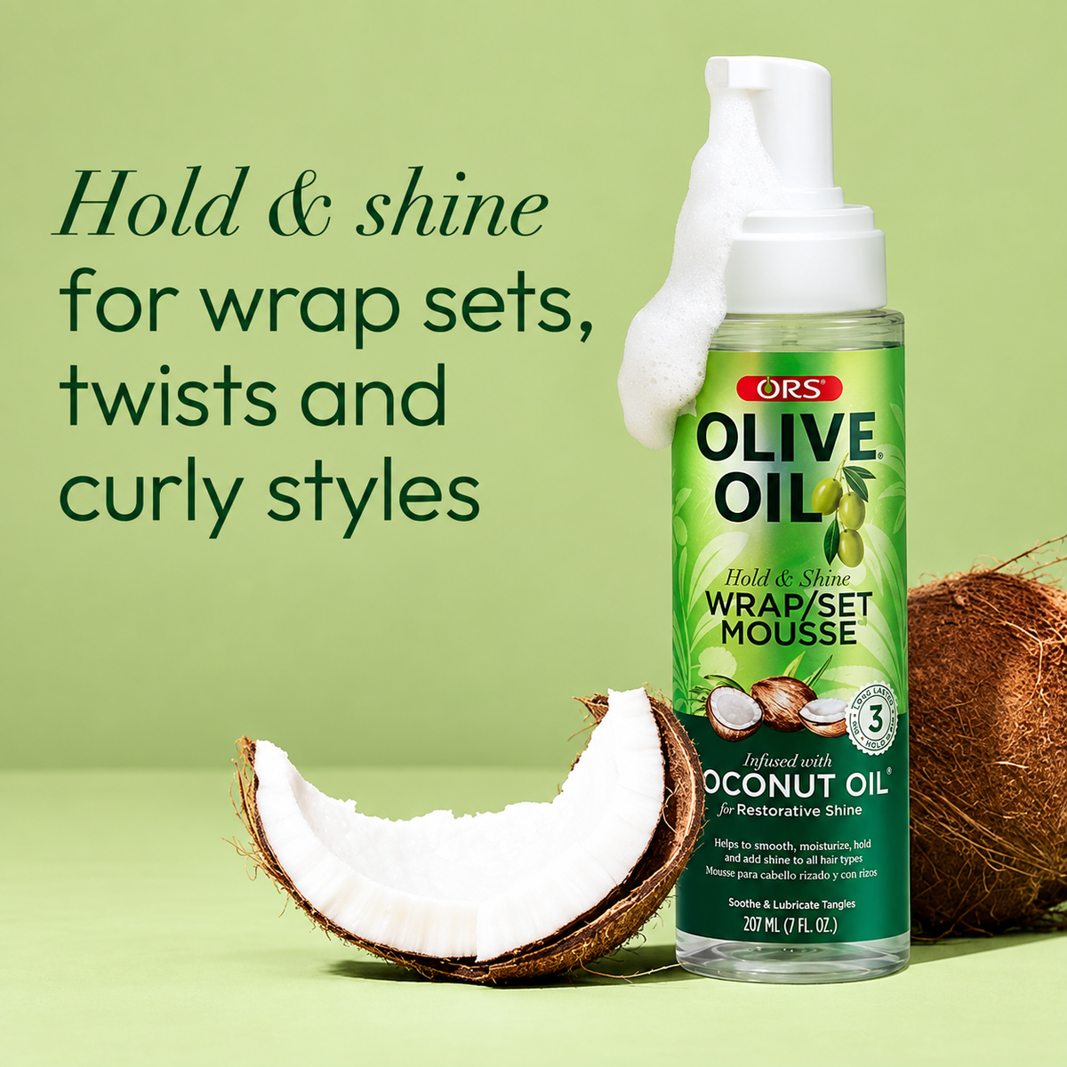 ORS Olive Oil Hold & Shine Wrap/Set Mousse Infused With Coconut Oil 7oz