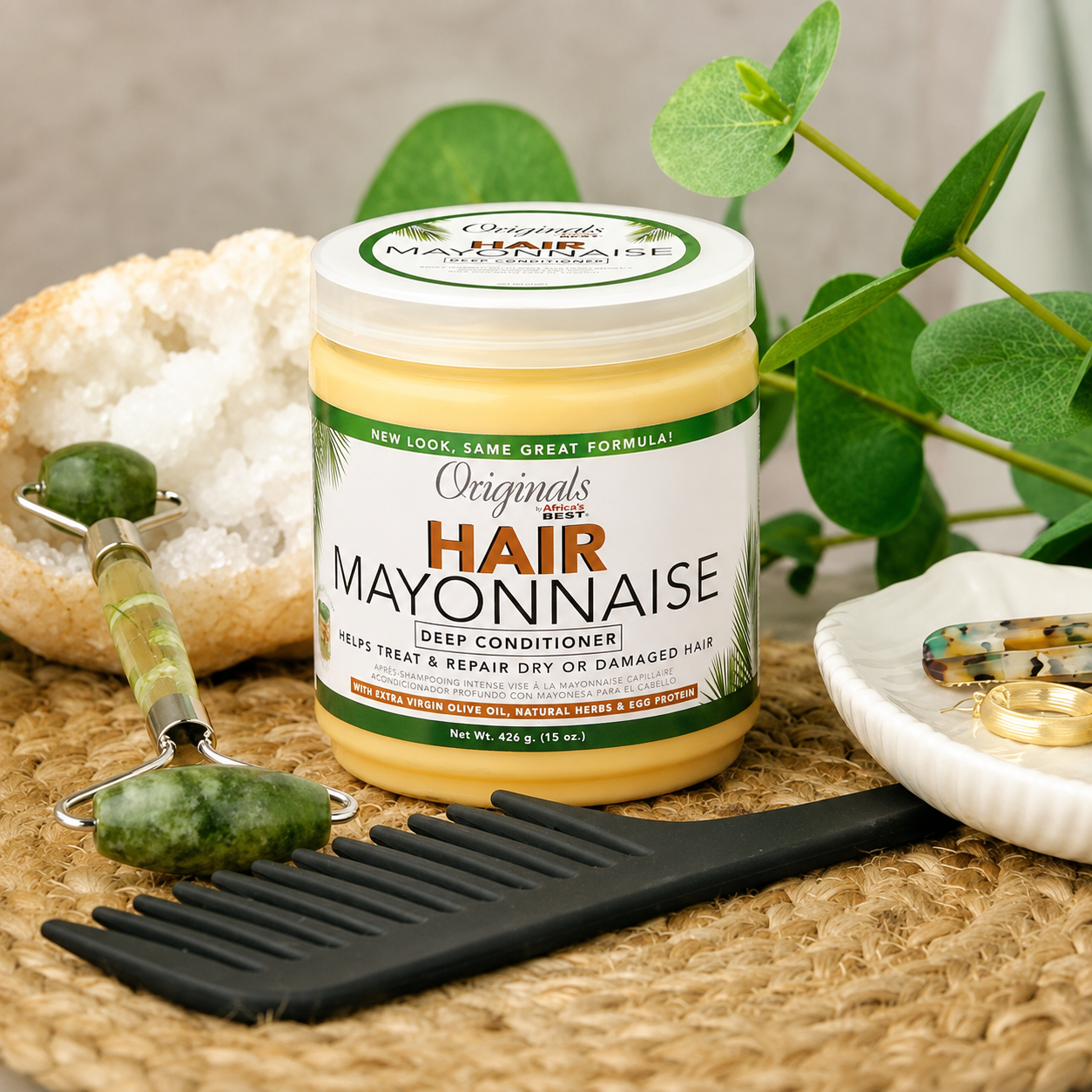 Africa’s Best Originals Hair Mayonnaise Deep Conditioner 15 oz styled product image with comb and hair care accessories