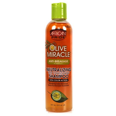 African Pride Olive Miracle Neutralizing Deep Conditioning Shampoo With Color Action 8oz original packaging reference