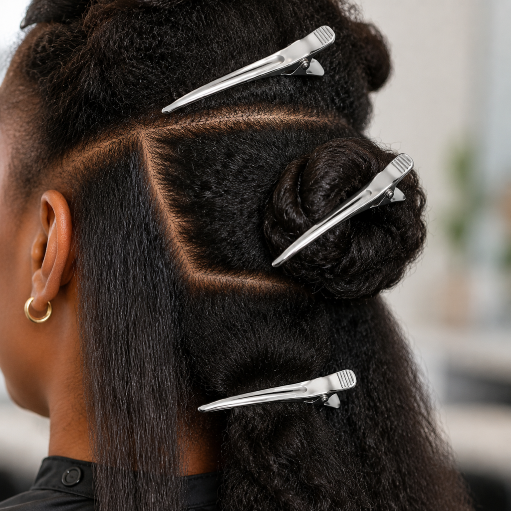 Close-up of a person's dark curly hair styled with three silver metal hair extension clips, showing sectioned hair and a small gold hoop earring.
