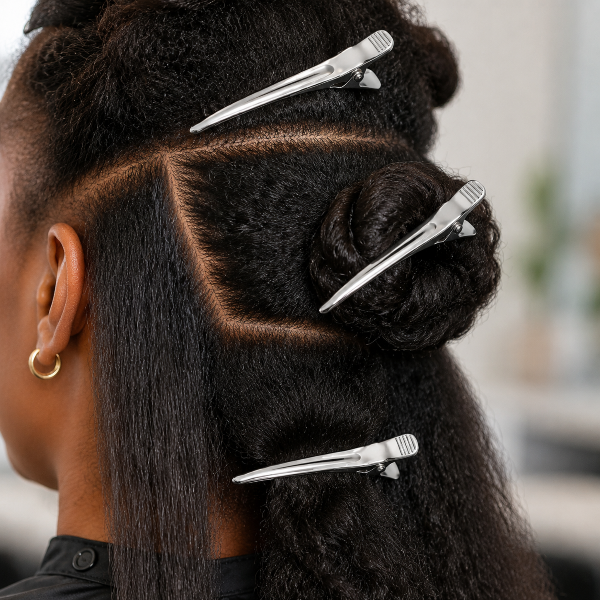 Close-up of a person's dark curly hair styled with three silver metal hair extension clips, showing sectioned hair and a small gold hoop earring.