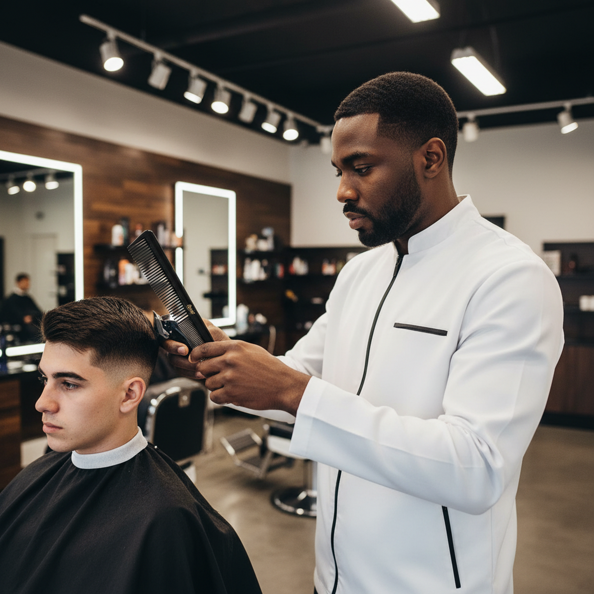 Barber cutting a customer's hair in a salon setting