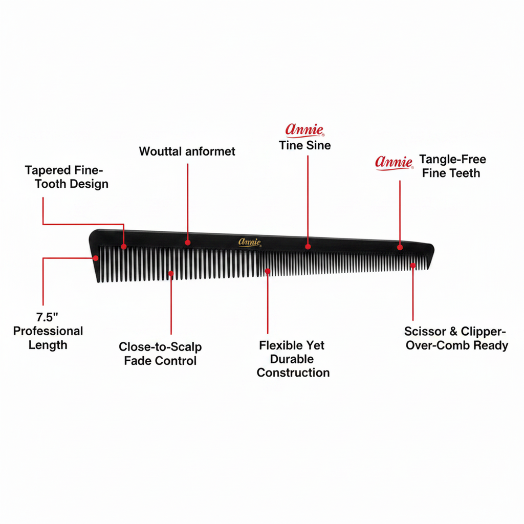 Black comb with labeled features on a white background