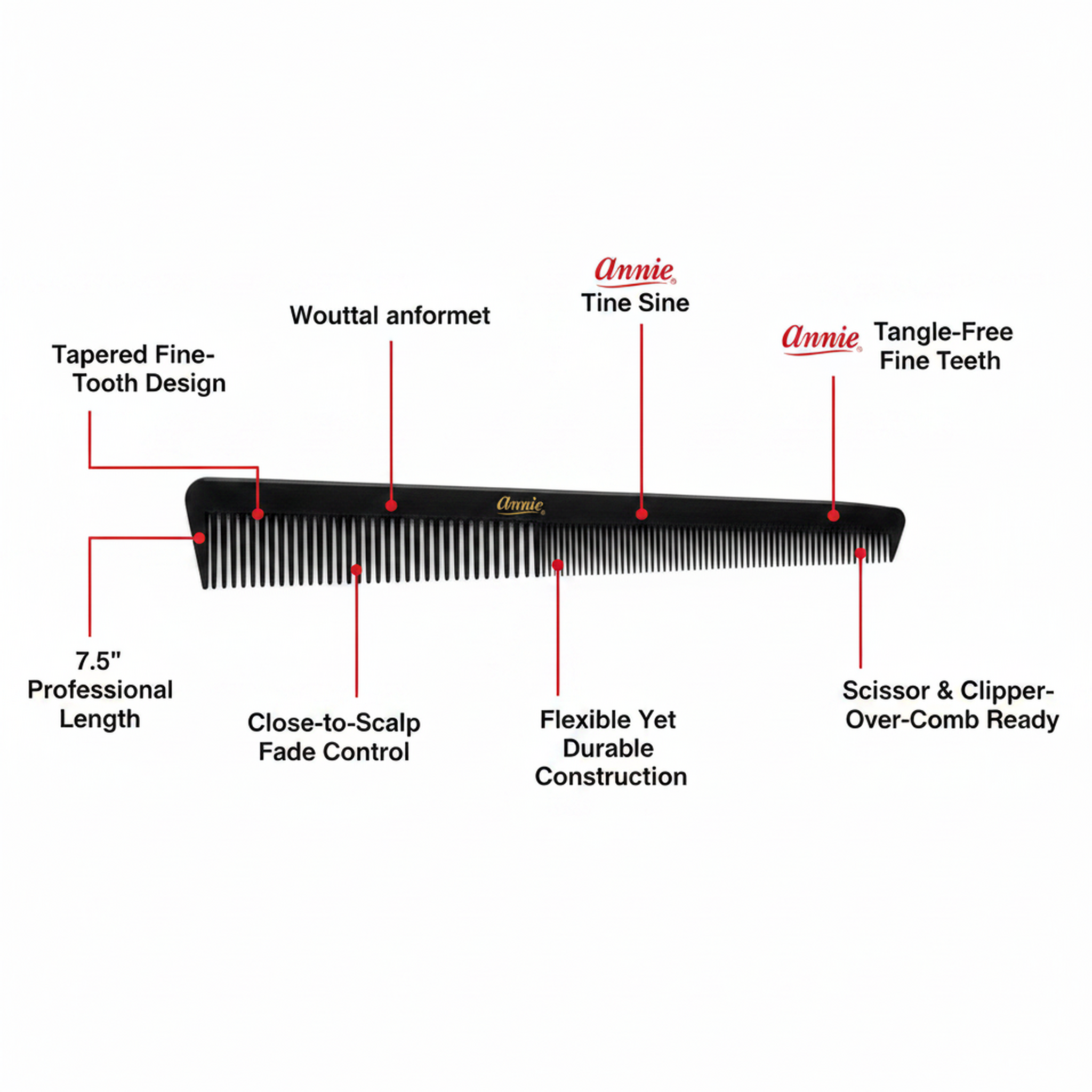 Black comb with labeled features on a white background