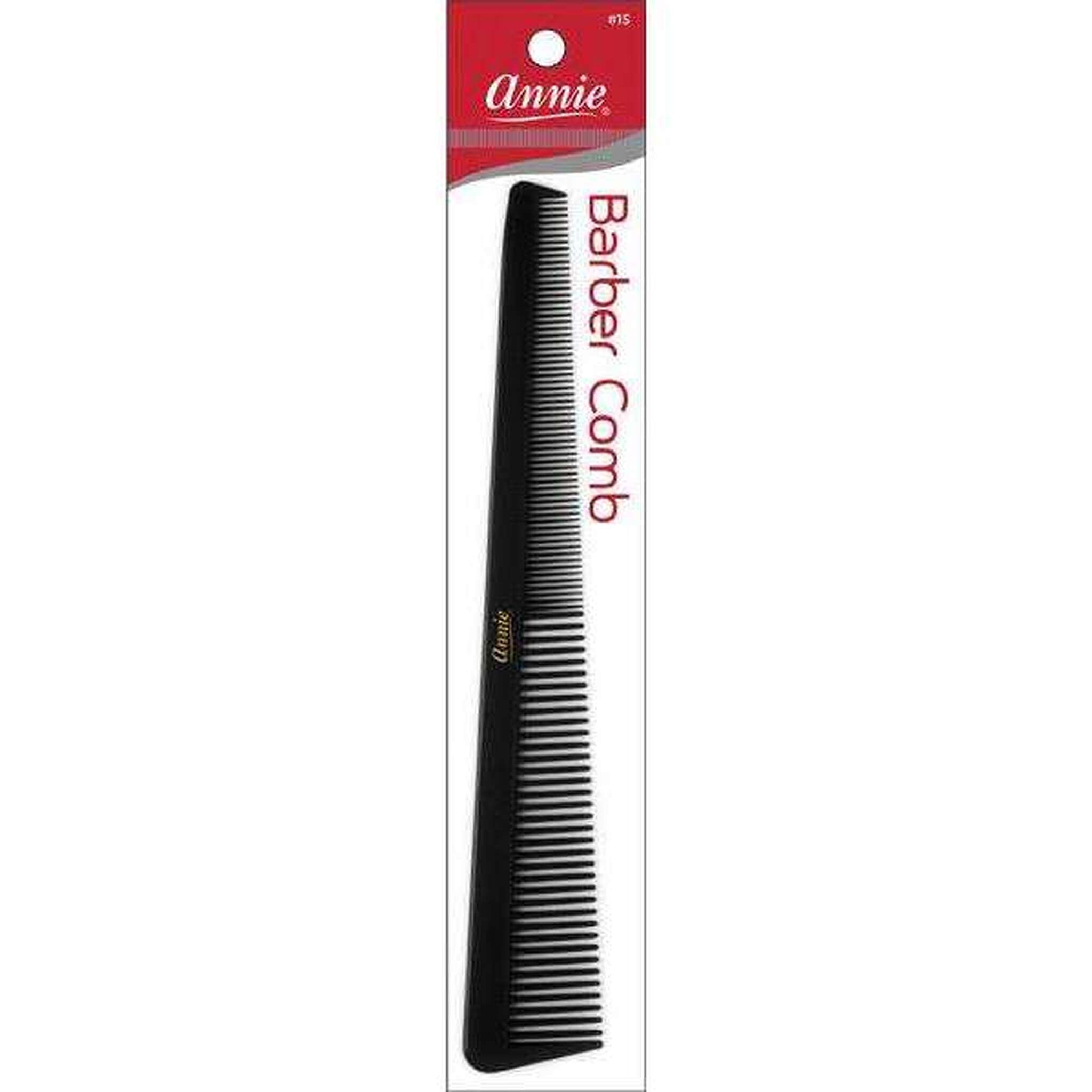 Annie black plastic barber comb in its original retail packaging, featuring a red header card with the brand name 'Annie' and the text 'Barber Comb'.