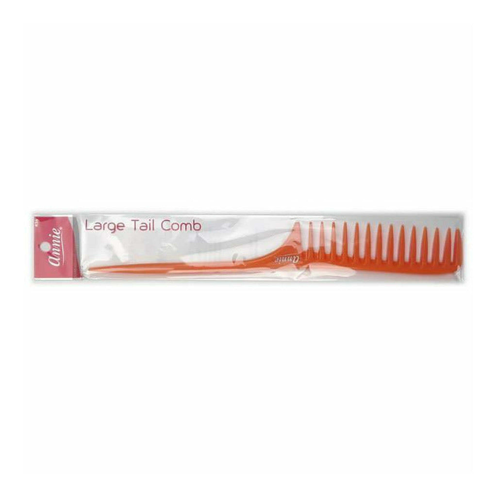An orange plastic large tail comb in its original clear plastic packaging with a pink and white label, shown against a plain white background.