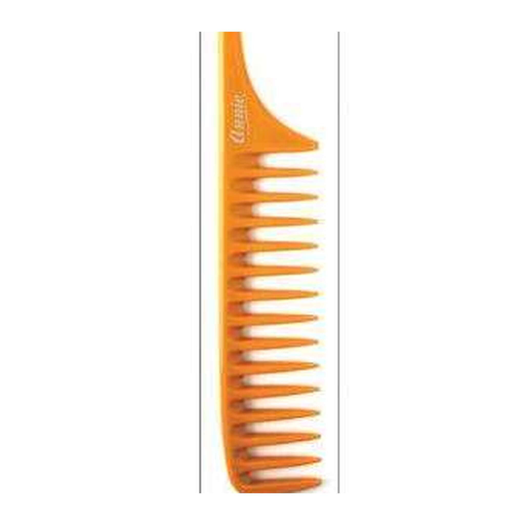 An orange wide-tooth comb with a white printed logo, shown vertically against a white background.
