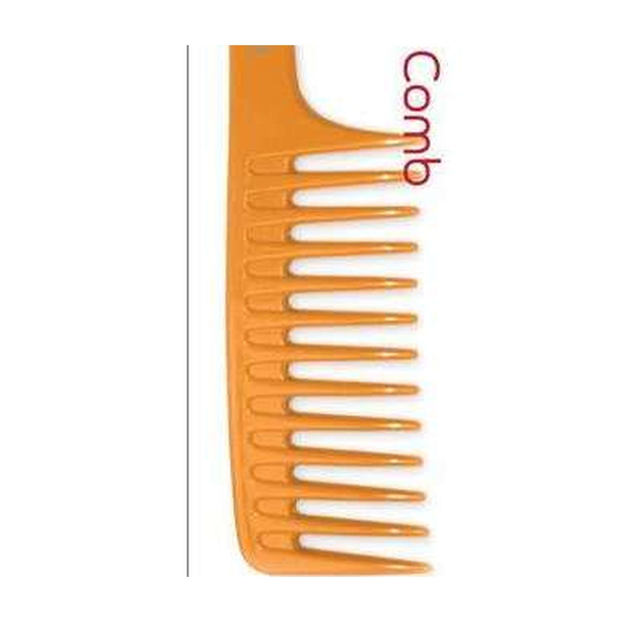 An orange wide-tooth hair comb shown vertically on a white background, with the word 'Comb' printed in red near the top right.