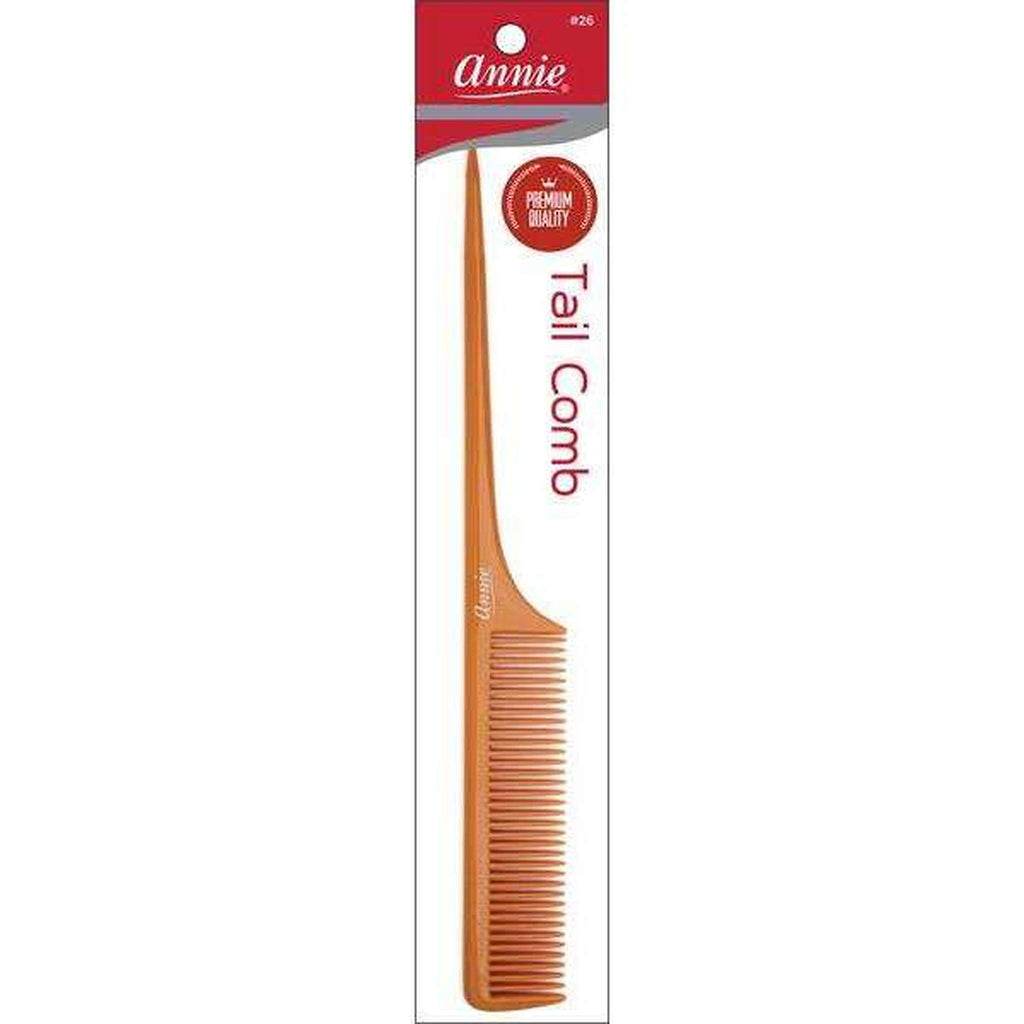 Annie Tail Comb personal styling tool in a warm orange-brown color, shown in its original retail packaging on a white background.