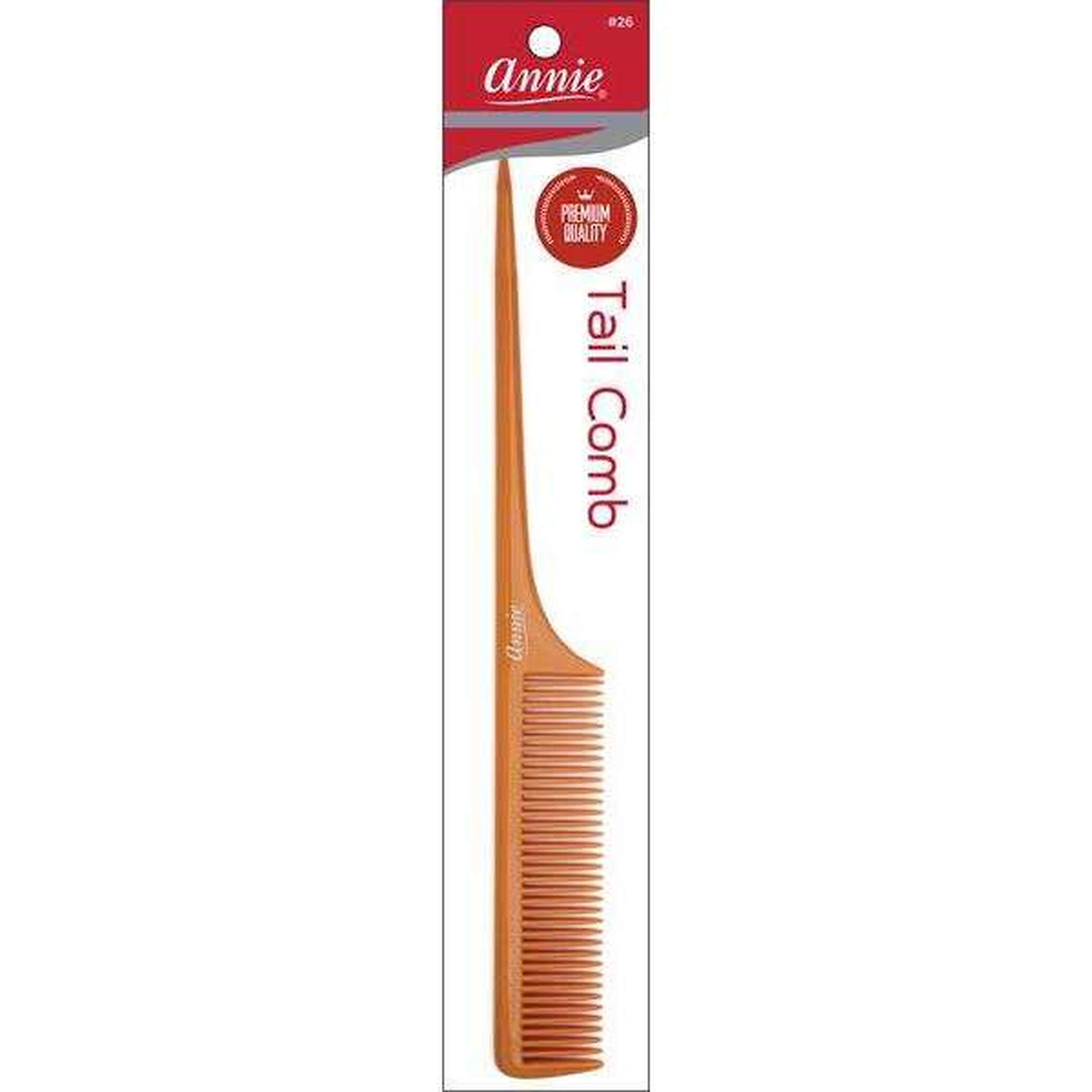 Annie Tail Comb personal styling tool in a warm orange-brown color, shown in its original retail packaging on a white background.