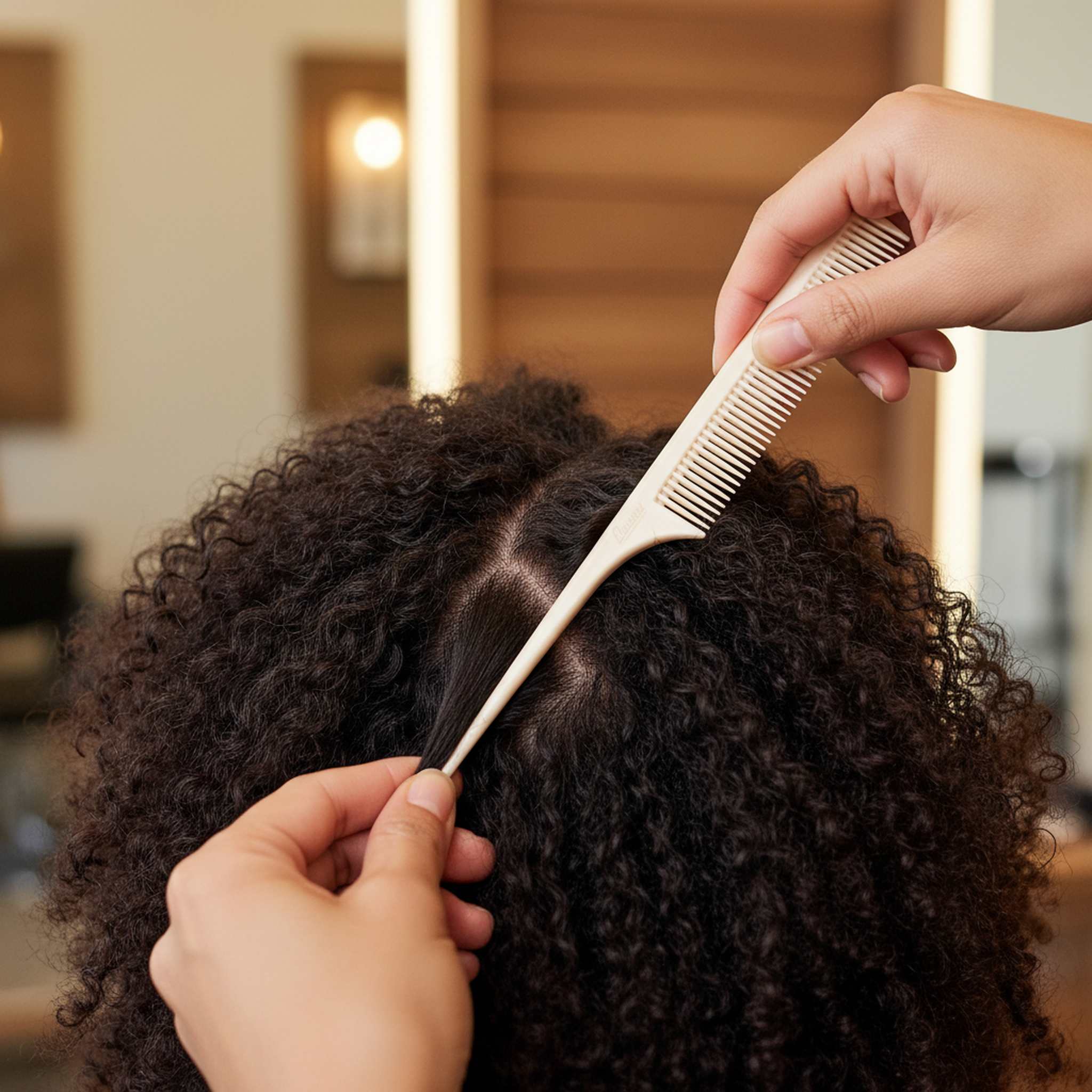 Person combing another person's curly hair with a wooden comb in a salon setting.