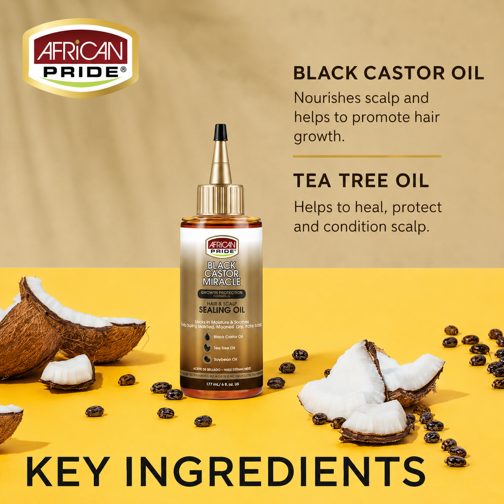 African Pride Black Castor Miracle Hair and Scalp Sealing Oil 6 oz product bottle on beige background with oil styling display