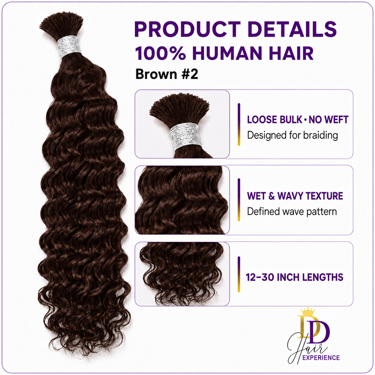 Brown #2 Wet & Wavy loose bulk human hair showing the texture, no-weft top and available lengths
