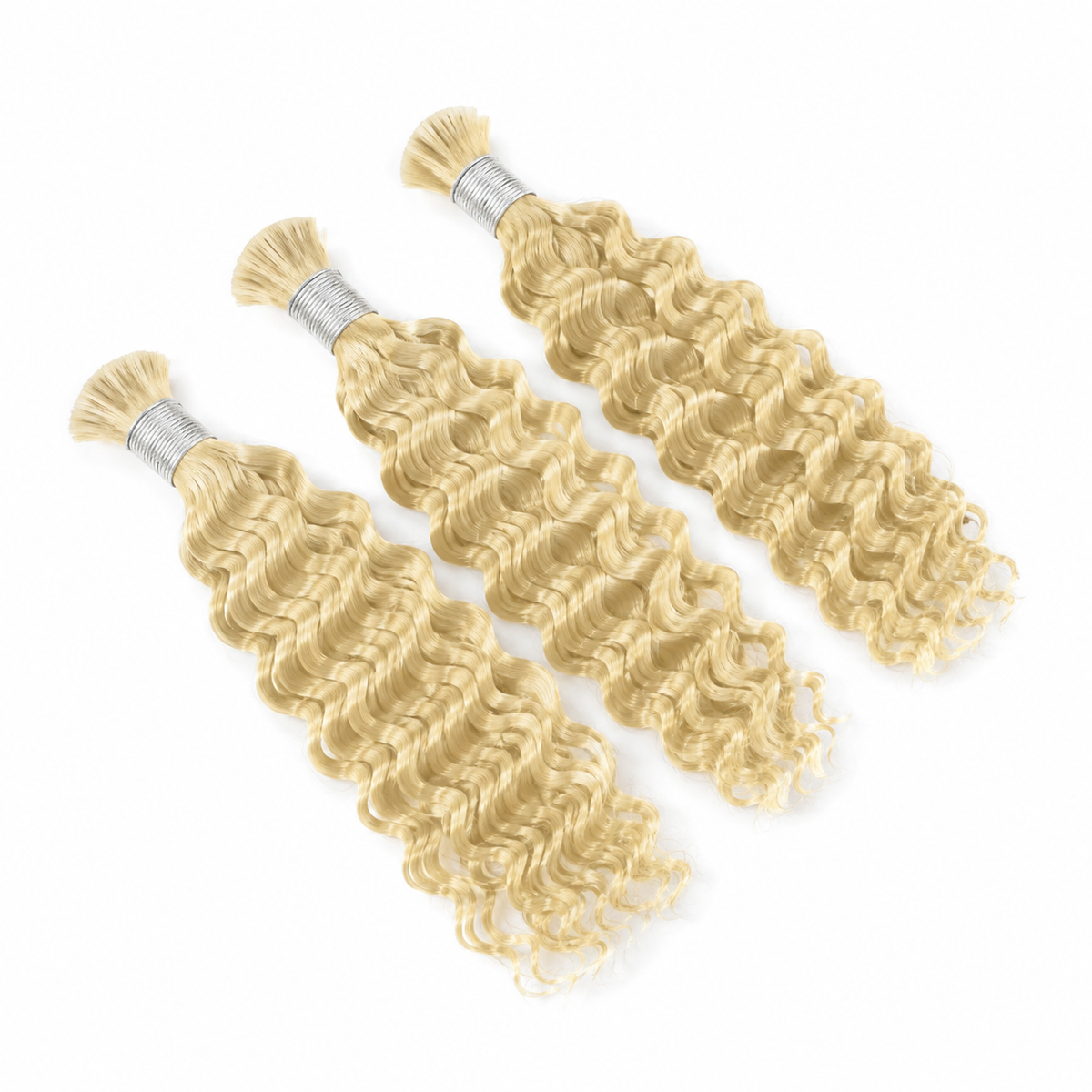 Three platinum blonde #613 Wet & Wavy bulk human hair bundles for braiding with silver bands